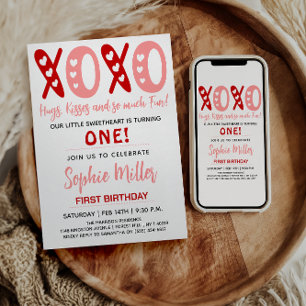 XOXO Hugs & Kisses Valentine's Day 1st Birthday Invitation