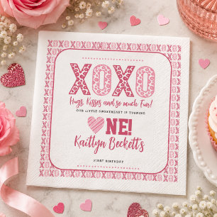 XOXO Hugs & Kisses Valentine's Day 1st Birthday Napkins
