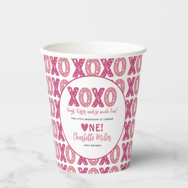 XOXO Hugs & Kisses Valentine's Day 1st Birthday Paper Cups (Front)