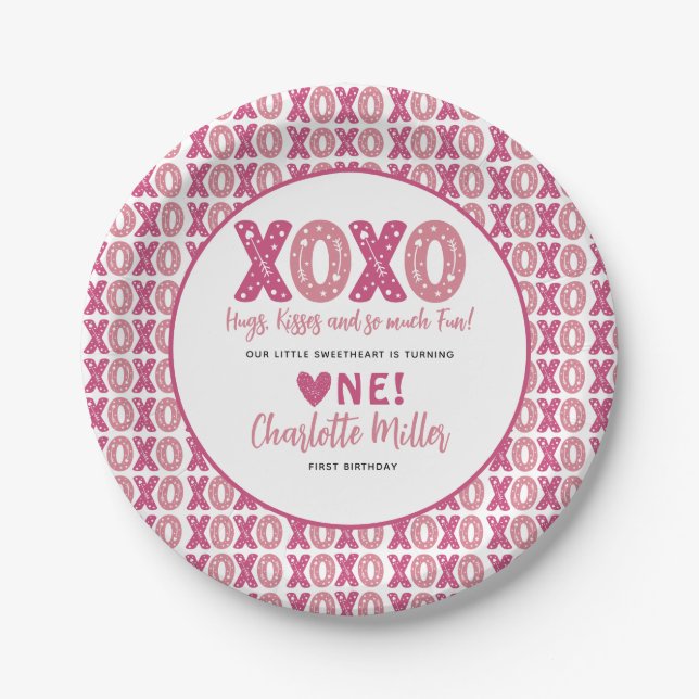 XOXO Hugs & Kisses Valentine's Day 1st Birthday Paper Plates (Front)