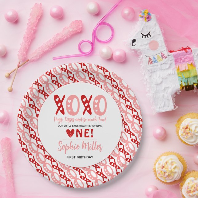 XOXO Hugs & Kisses Valentine's Day 1st Birthday Paper Plates (Party)