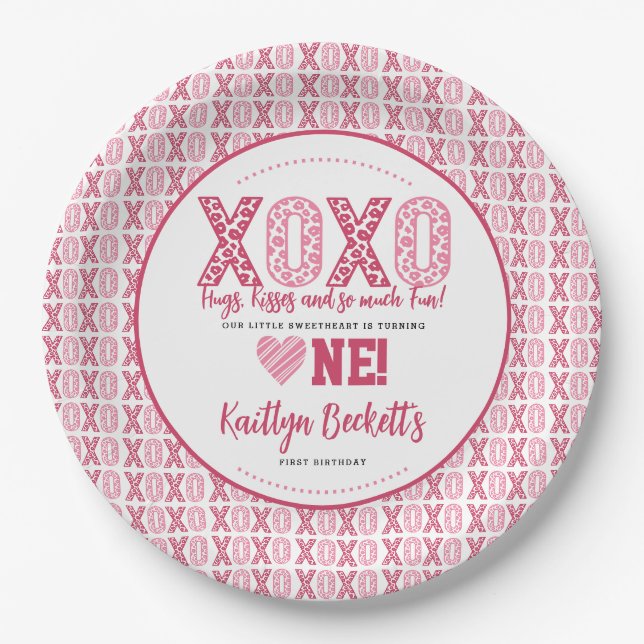 XOXO Hugs & Kisses Valentine's Day 1st Birthday Paper Plates (Front)