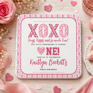 XOXO Hugs & Kisses Valentine's Day 1st Birthday Square Paper Coaster