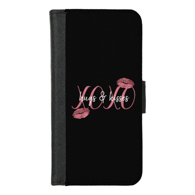 XOXO Kisses Pink Lips personalized quote iPhone Wallet Case (Front)