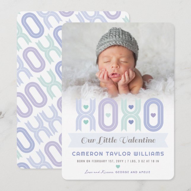 XOXO Little Valentine Photo Boy Birth Announcement (Front/Back)