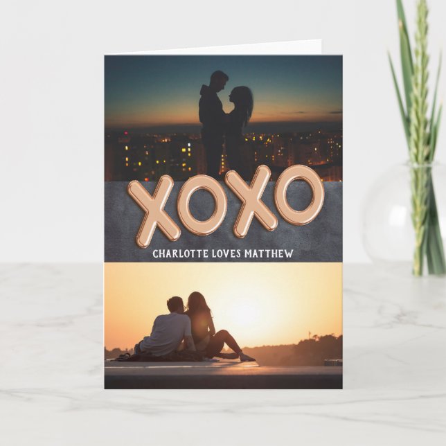 XOXO Love 2 Photo Personalized Rose Gold Balloons Holiday Card (Front)