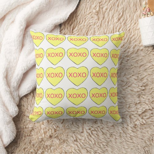 XOXO Love Candy Yellow Hearts Valentines Day Throw Pillow