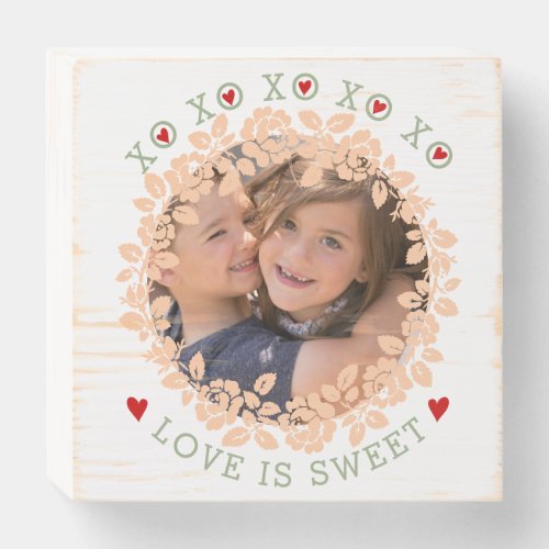 XoXo  Love is sweet Peach green rose wreath photo Wooden Box Sign