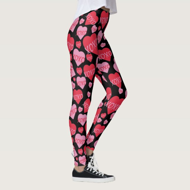 XOXO Love Pink Red Heart Pattern Valentine Black Leggings (Right)