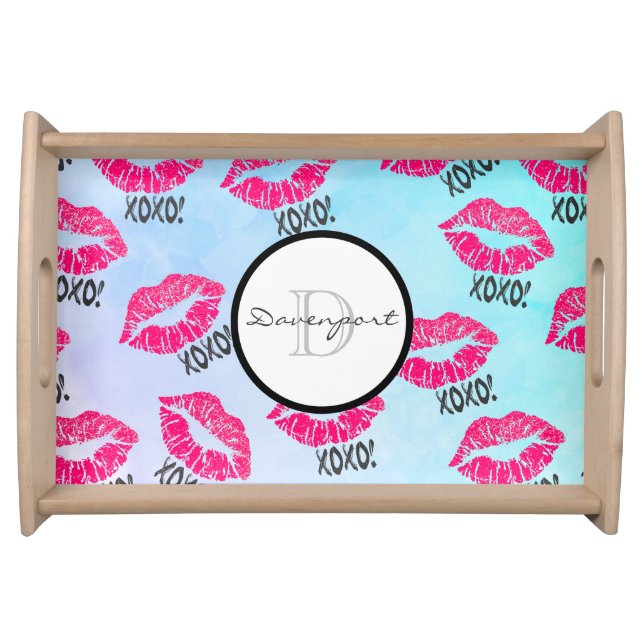 XOXO Pattern with Stylish Pink Kissy Lips Monogram Serving Tray (Front)