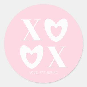 XOXO pink and white hearts typography girly cute Classic Round Sticker
