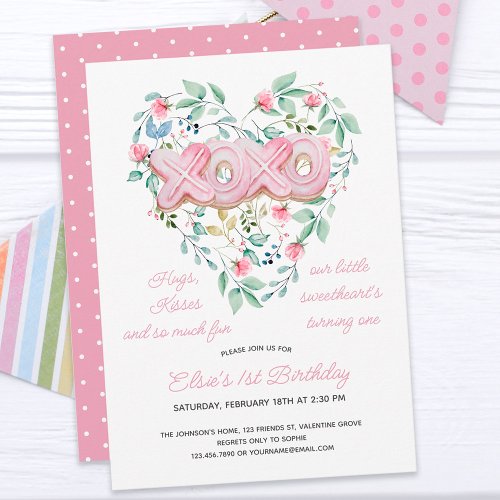 XOXO Pink Cookie Delicate Floral Girl 1st Birthday Invitation