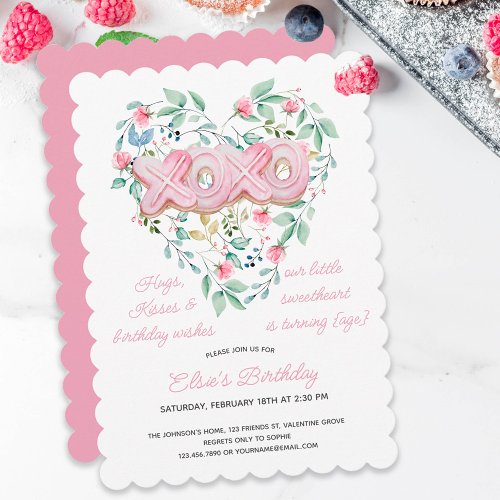 XOXO Pink Cookie Little Sweetheart Floral Birthday Invitation