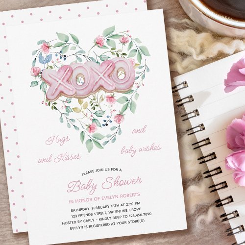 XOXO Pink Cookies Delicate Floral Baby Shower Invitation