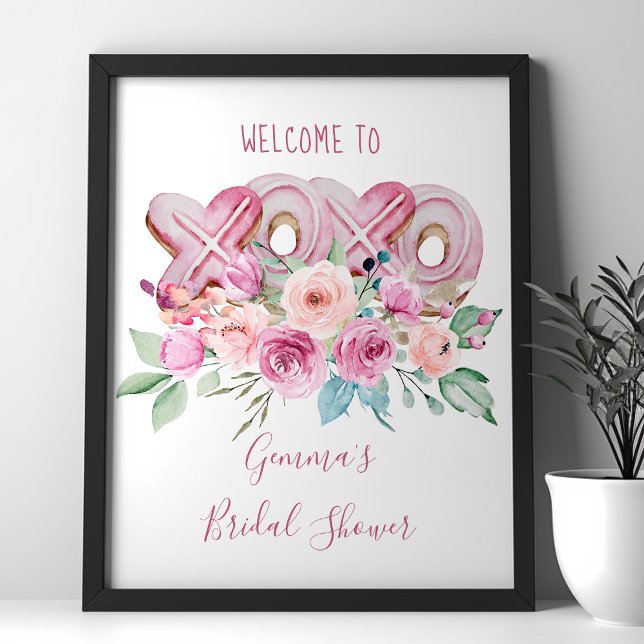 XOXO Pink Cookies Pretty Floral Welcome Poster (Bridal Shower Poster with XOXO Cookies and pretty pink and peach roses perfect for Valentines theme)