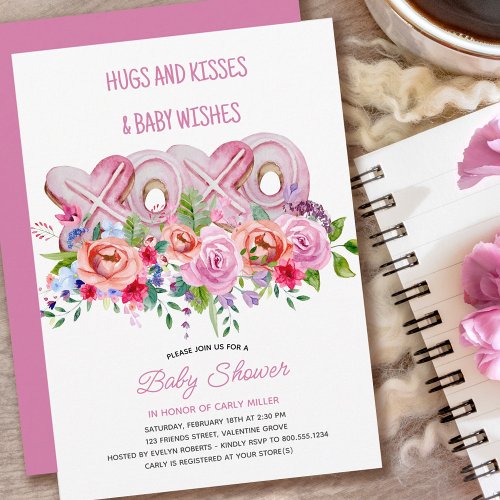 XOXO Pink Cookies Vibrant Floral Baby Shower Invitation