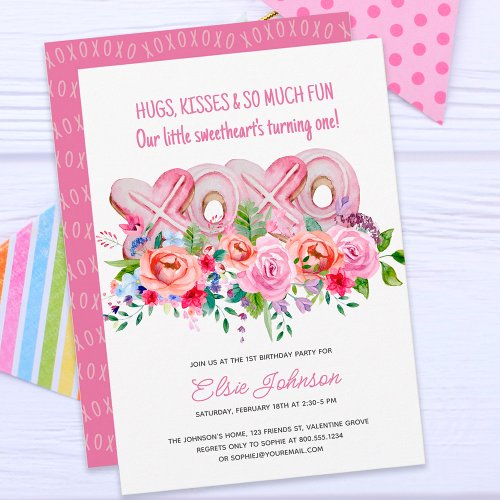 XOXO Pink Cookies Vibrant Floral Girl 1st Birthday Invitation