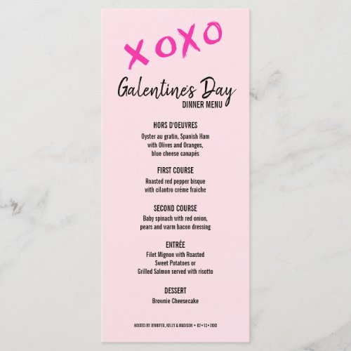 XOXO Pink girly Galentines day party dinner Menu