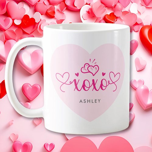XOXO Pink Hearts Custom Name Valentines Day Gift Coffee Mug