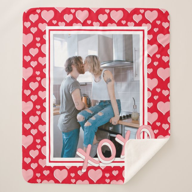 XOXO Pink Hearts Red Valentine's Day Photo Blanket (Front)