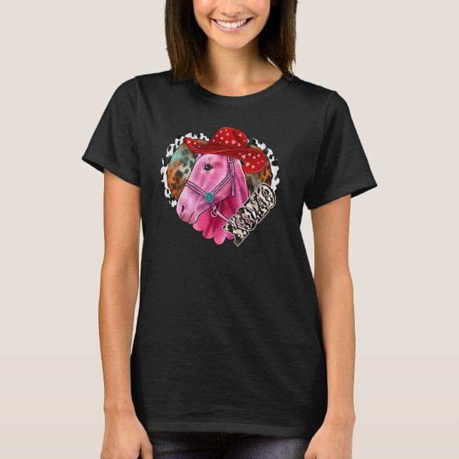 Xoxo Pink Horse Heart Horse Leopard Western Valent T-Shirt (Front)