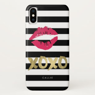 XOXO Pink Lip Print Black & White Stripe iPhone XS Case
