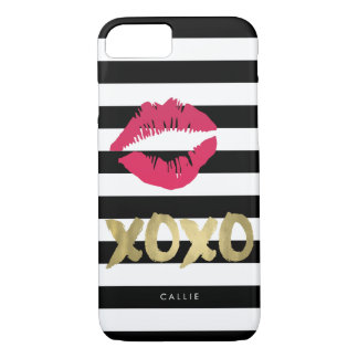XOXO Pink Lip Print Black & White Stripe iPhone 7 Case