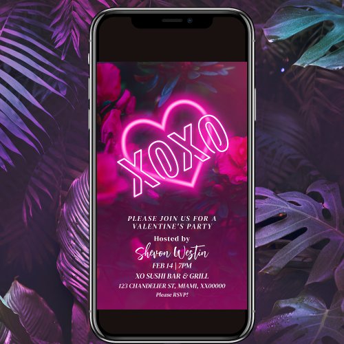 XOXO Pink Neon Heart Valentine Party Invitation