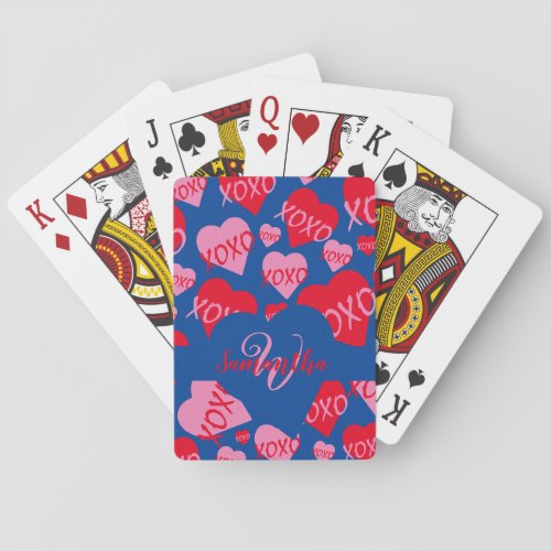 XOXO Pink Red Heart Pattern Monogram Blue Playing Cards