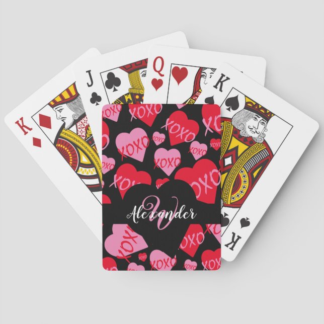 XOXO Pink Red Heart Pattern Monogram Blue Poker Cards (Back)