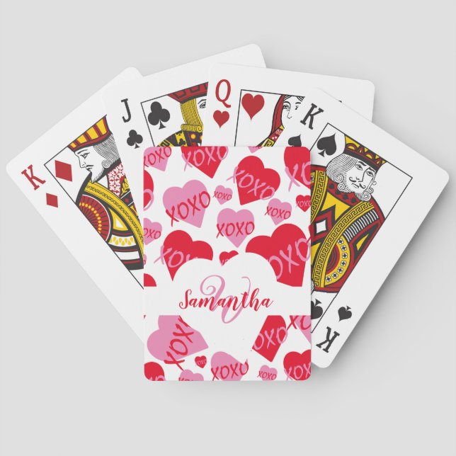 XOXO Pink Red Heart Pattern Monogram White Poker Cards (Back)