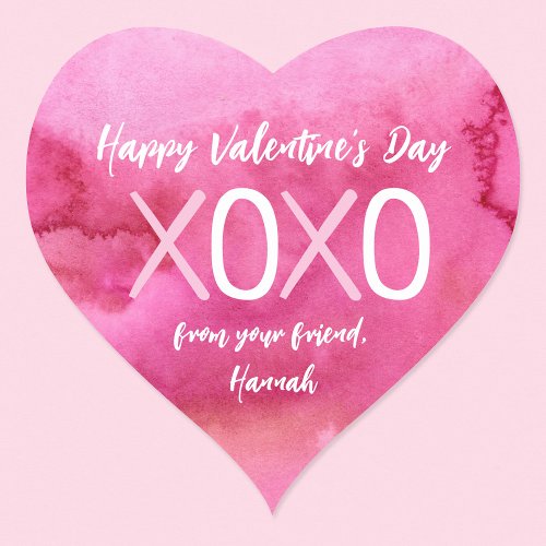 XOXO Pink Watercolor Kids Valentines Day Party Heart Sticker