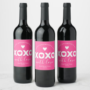 XOXO Pink White Happy Galentine's Day Custom Name Wine Label