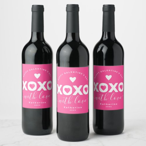 XOXO Pink White Happy Galentines Day Custom Name Wine Label