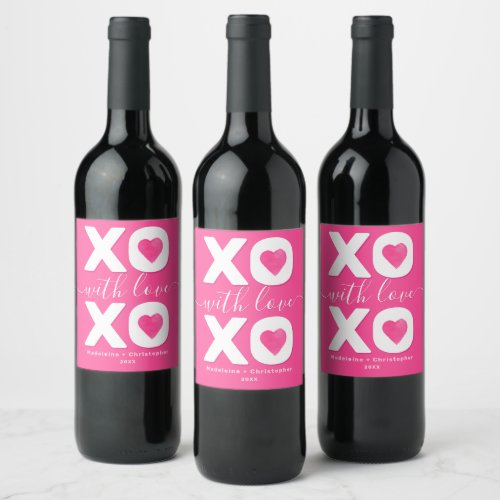 XOXO Pink White Happy Valentines Day Custom Name  Wine Label