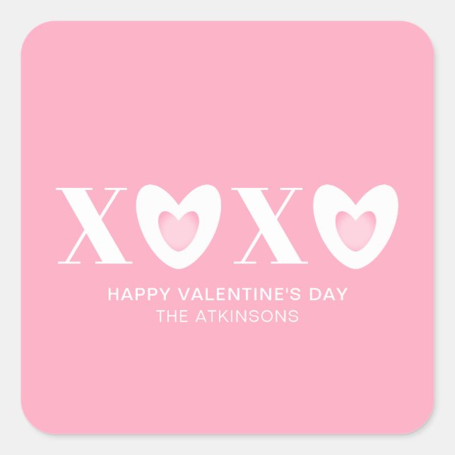 XOXO pink white hearts typography cute custom Square Sticker (Front)