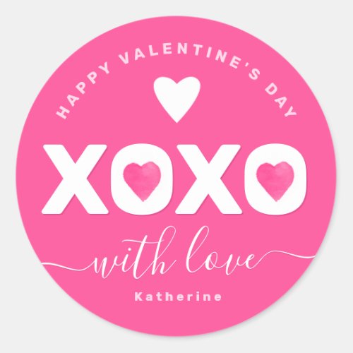 XOXO Pink White Valentines Day Your Name Custom Classic Round Sticker