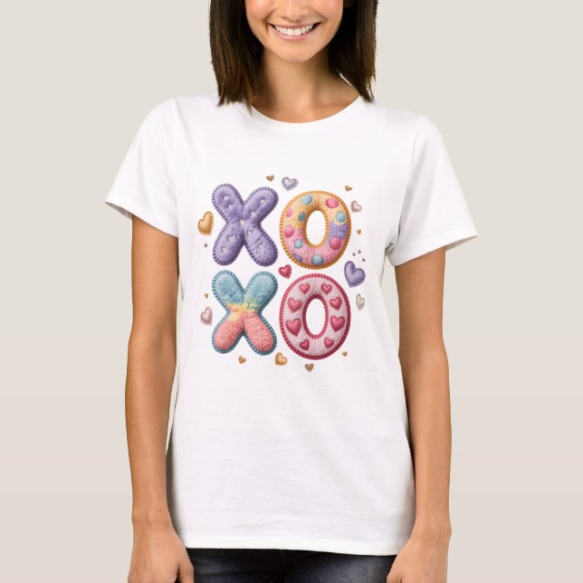 XOXO Plush 3D Furry Hearts Valentine Pink Purple T-Shirt (Front)