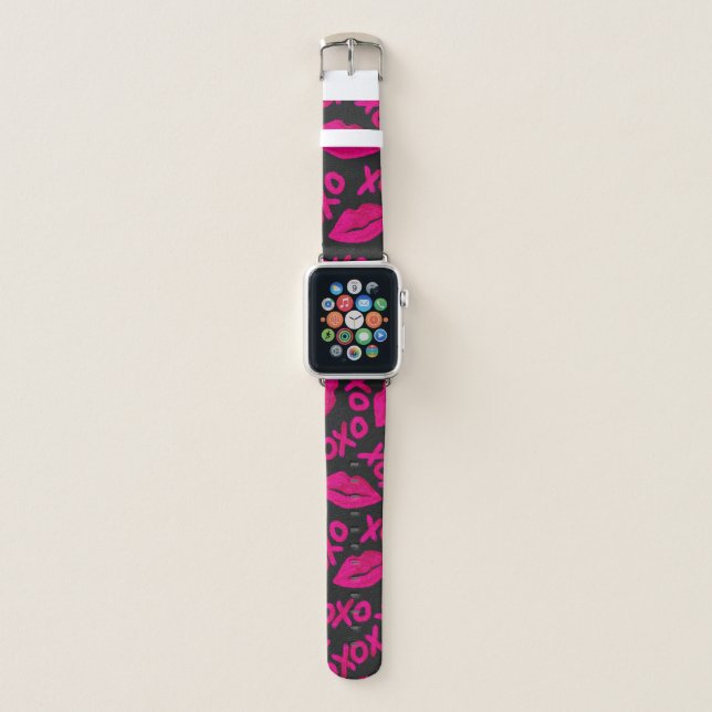 XOXO Quote Black Neon Pink Lips Lipstick Pattern Apple Watch Band (Front)