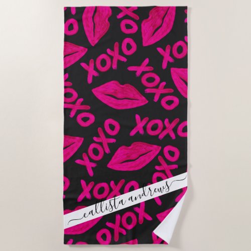 XOXO Quote Black Neon Pink Lips Lipstick Pattern Beach Towel