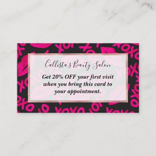 XOXO Quote Black Neon Pink Lips Lipstick Pattern Discount Card