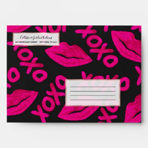XOXO Quote Black Neon Pink Lips Lipstick Pattern Envelope