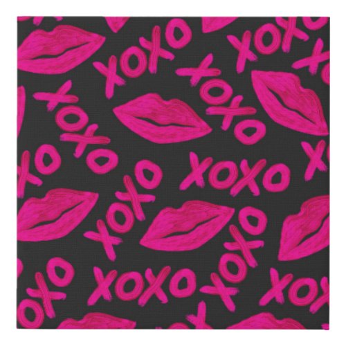 XOXO Quote Black Neon Pink Lips Lipstick Pattern Faux Canvas Print