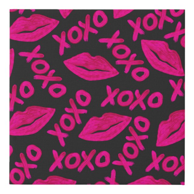 XOXO Quote Black Neon Pink Lips Lipstick Pattern Faux Canvas Print (Front)