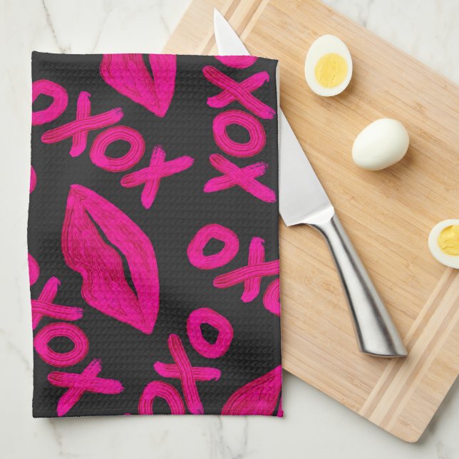 XOXO Quote Black Neon Pink Lips Lipstick Pattern Kitchen Towel (Quarter Fold)