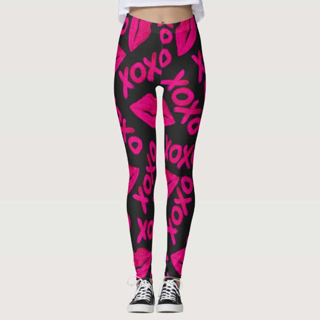 XOXO Quote Black Neon Pink Lips Lipstick Pattern Leggings (Front)