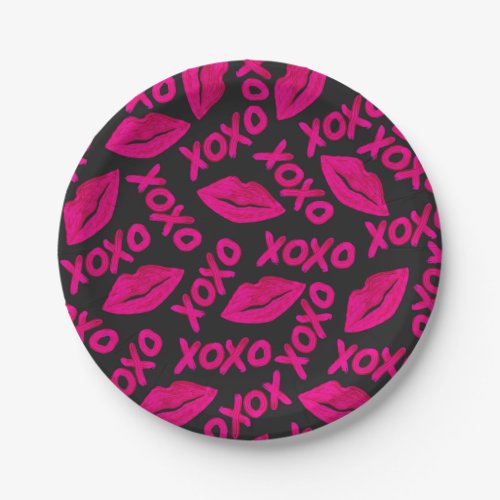 XOXO Quote Black Neon Pink Lips Lipstick Pattern Paper Plates