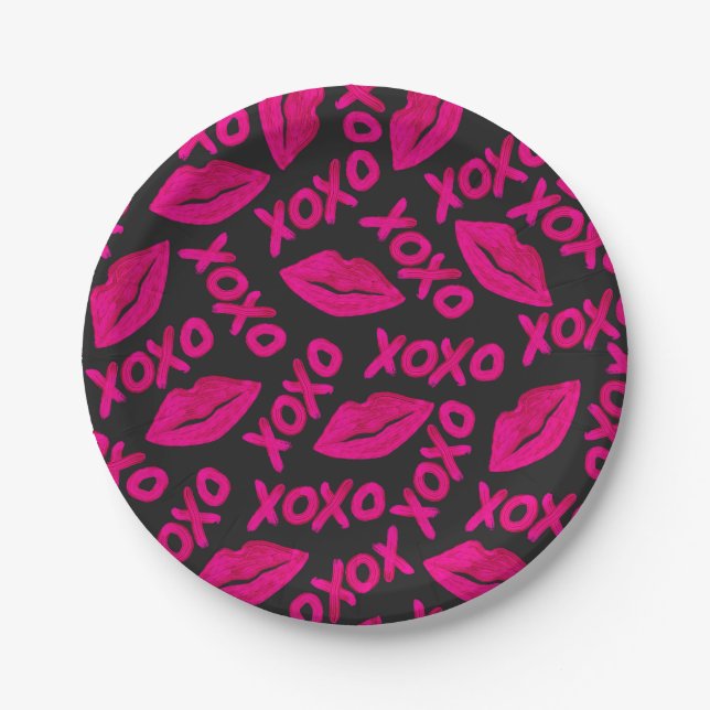 XOXO Quote Black Neon Pink Lips Lipstick Pattern Paper Plates (Front)