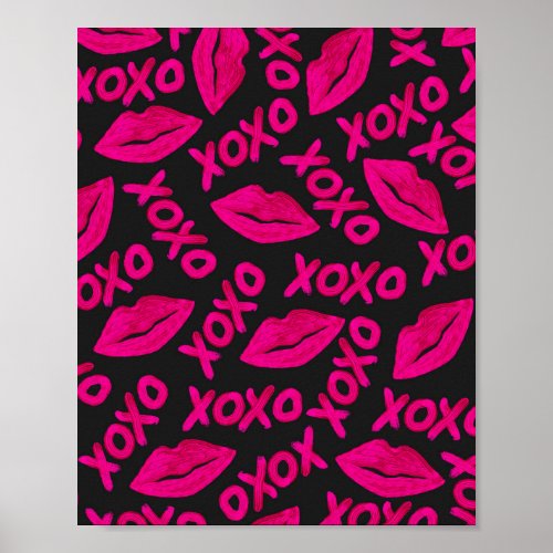 XOXO Quote Black Neon Pink Lips Lipstick Pattern Poster