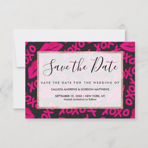 XOXO Quote Black Neon Pink Lips Lipstick Pattern Save The Date